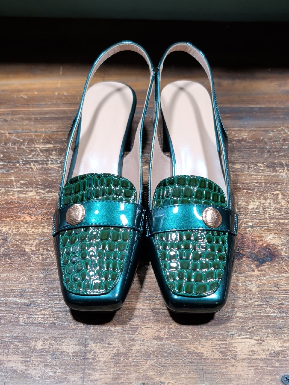 Emerald Croc-Effect Slingback Mules with Metallic Accent